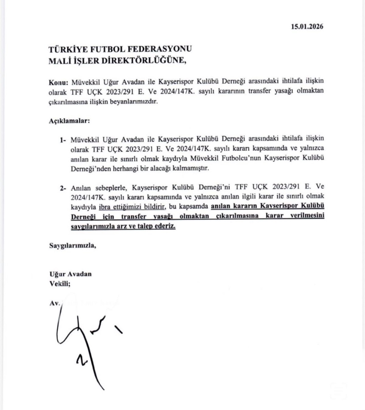 KAYSERİSPOR'DAN İFLAS DAVASI AÇIKLAMASI