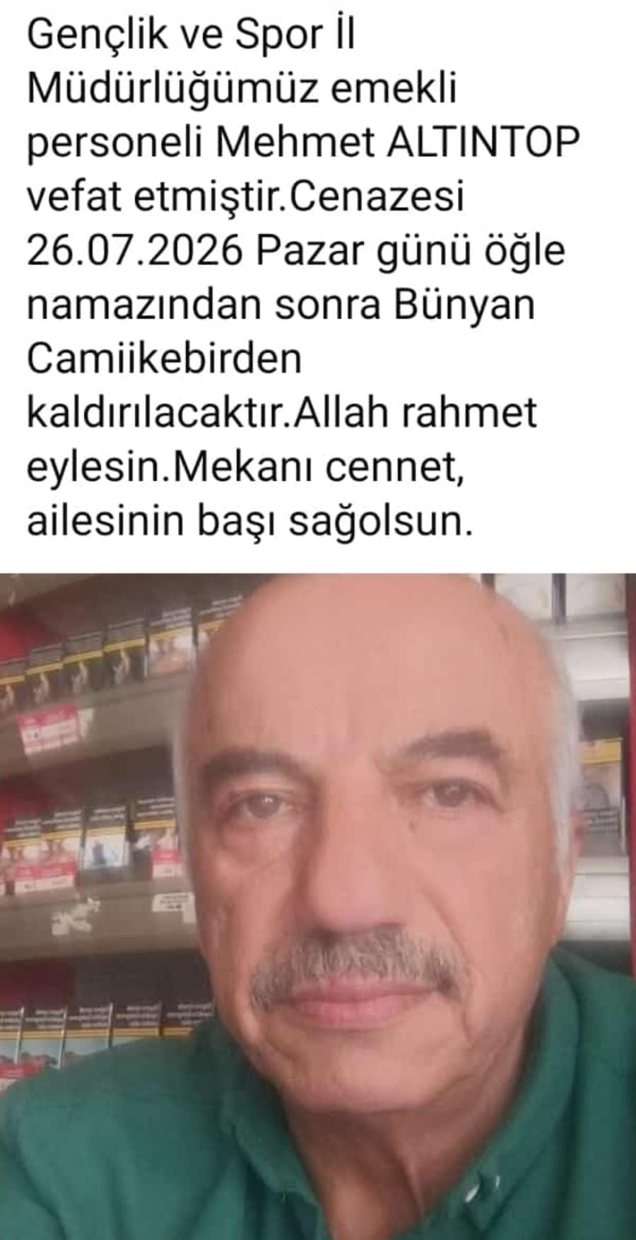 GENÇLİK VE SPOR İL MÜDÜRLÜĞÜ EMEKLİ PERSONELİ VEFAT ETTİ