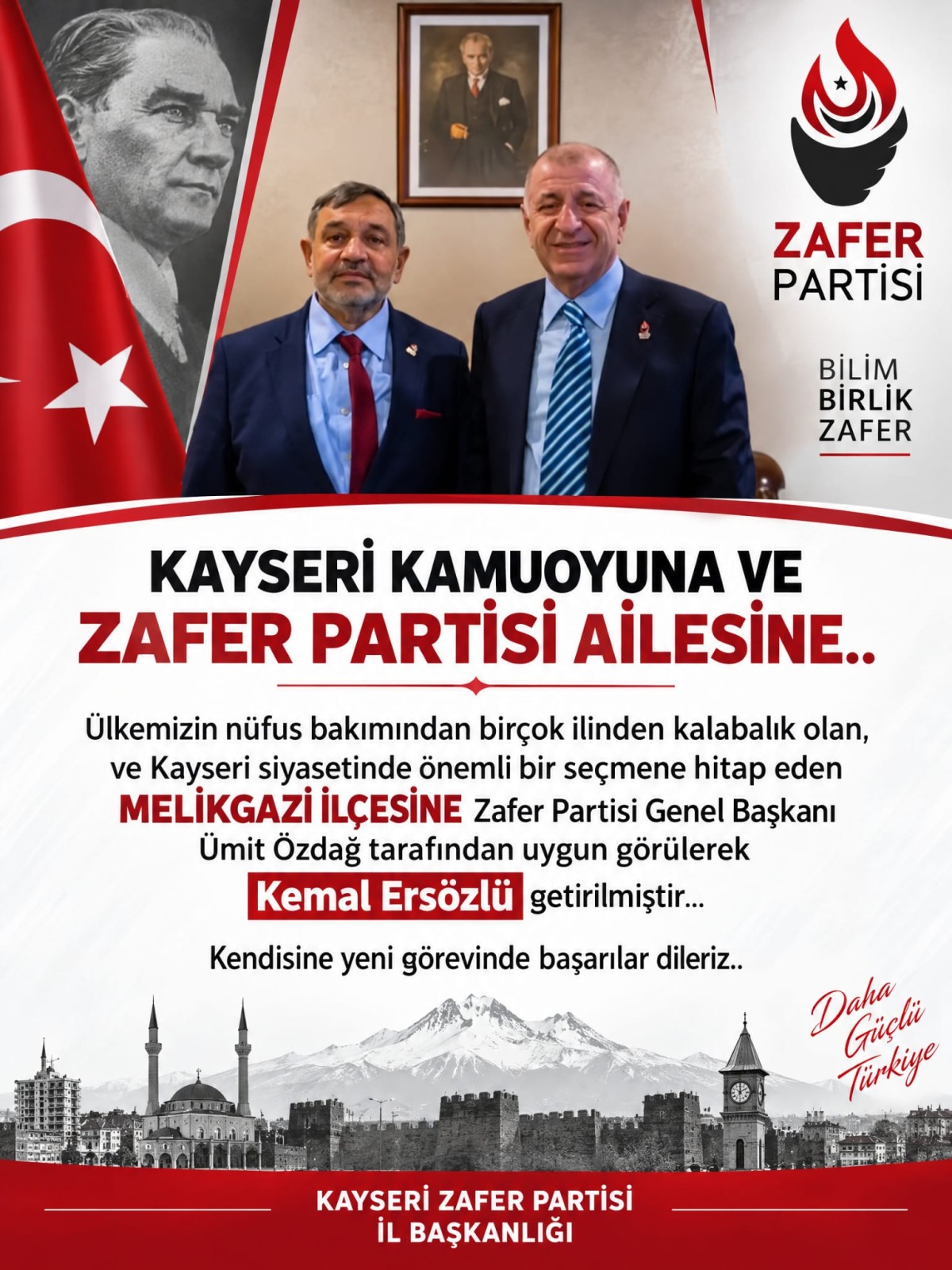 ZAFER PARTİSİ MELİKGAZİ İLÇE BAŞKANI MEHMET KEMAL ERSÖZLÜ OLDU