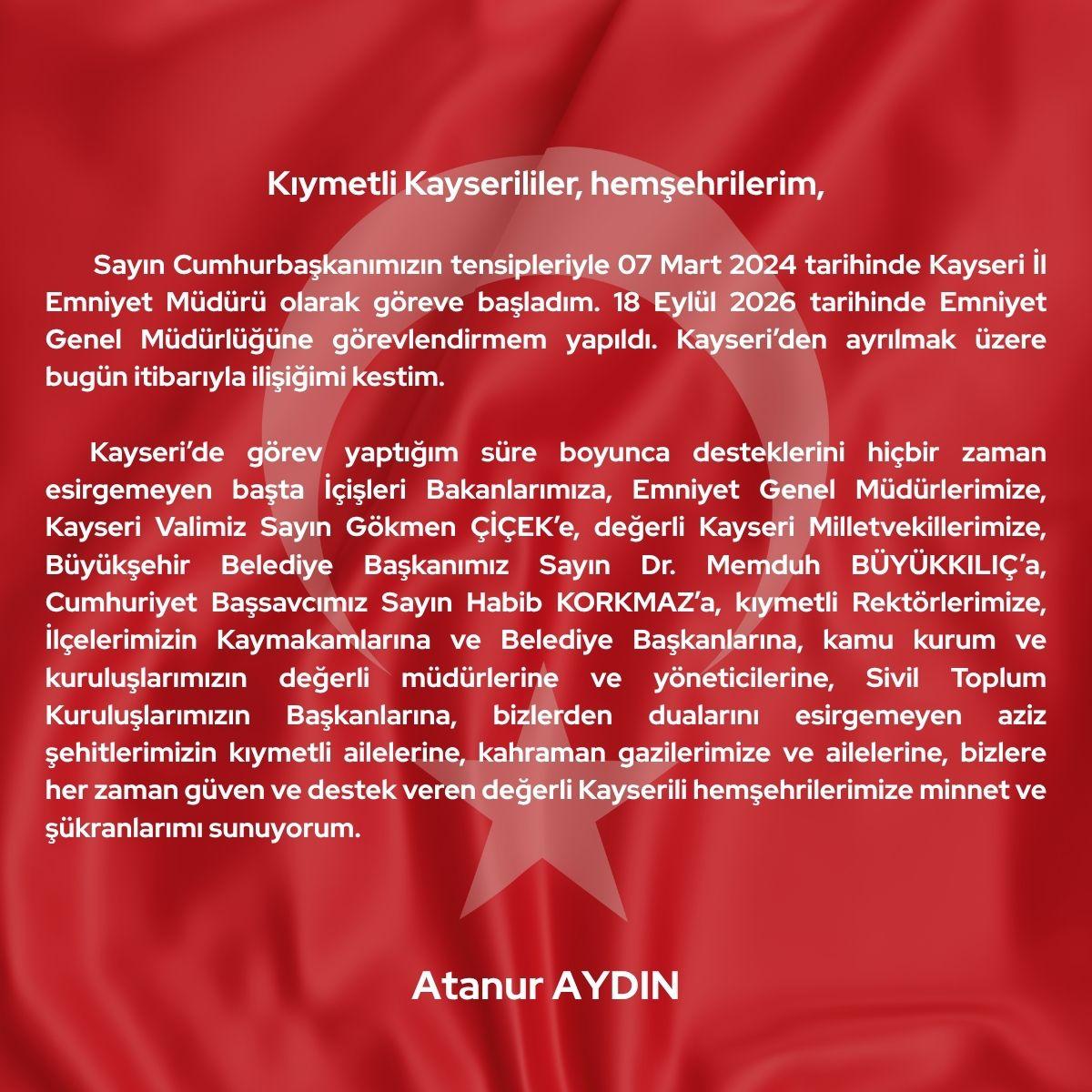 EMNİYET MÜDÜRÜ ATANUR AYDIN TEŞEKKÜR VE VEDA MESAJl YAYINLADl