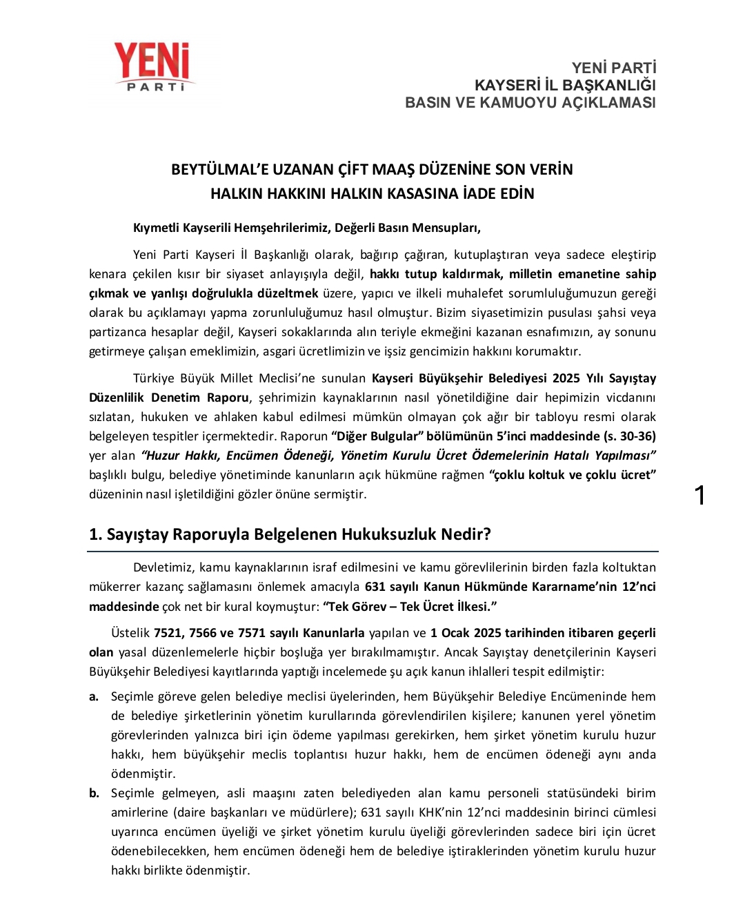 YENİ PARTİ İL BAŞKANLIĞINDAN BÜYÜK İDDİA 